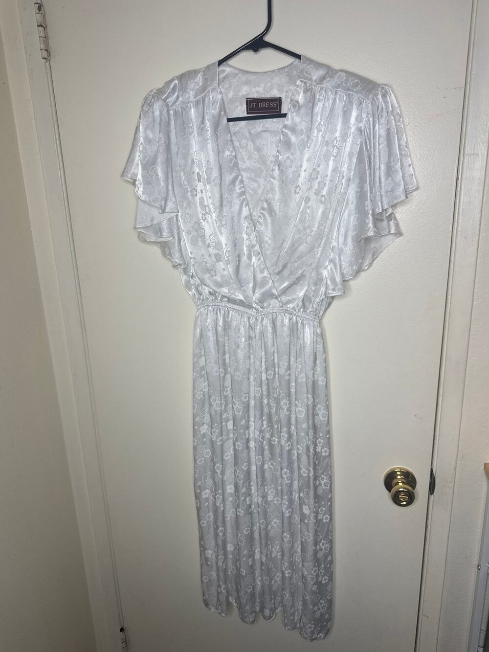 Vintage JT Dress white floral jacquard-deep v-neckline, whimsy flutter sleeves